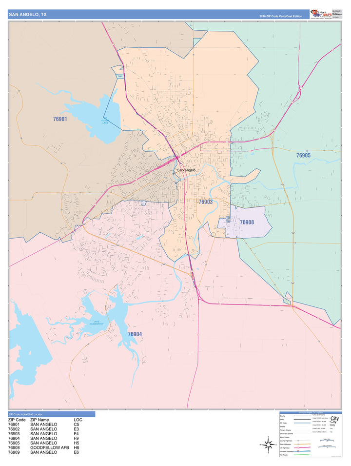 Color Cast Zip Code Style Wall Map of San Angelo, TX
