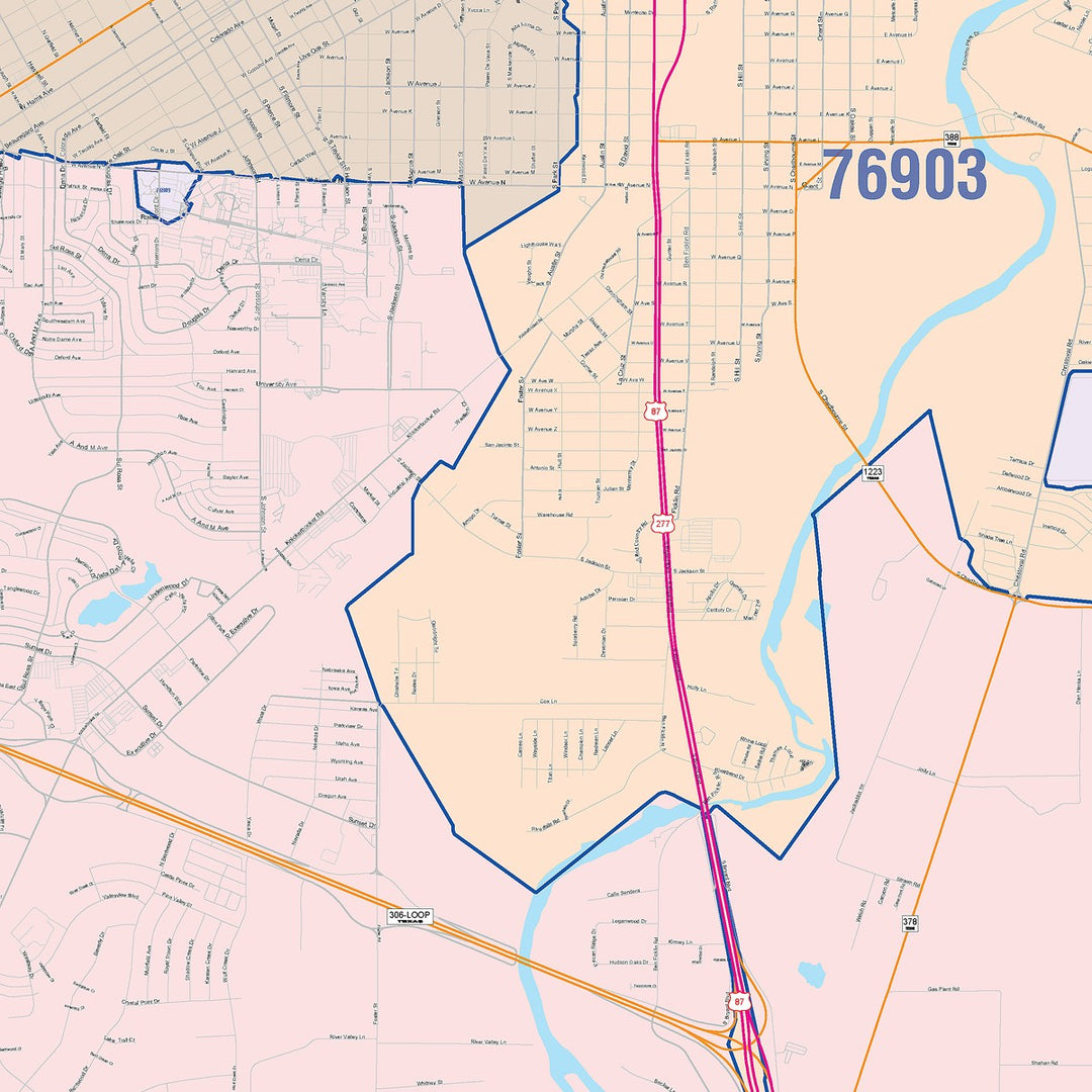 Color Cast Zip Code Style Wall Map of San Angelo, TX