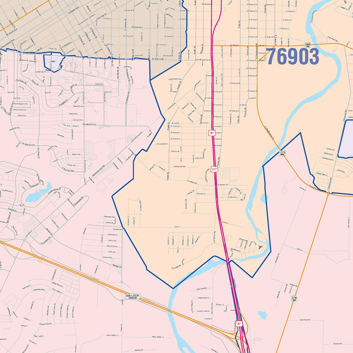 Color Cast Zip Code Style Wall Map of San Angelo, TX