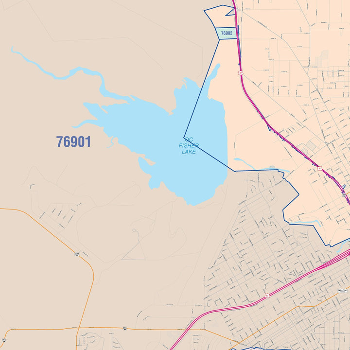 Color Cast Zip Code Style Wall Map of San Angelo, TX