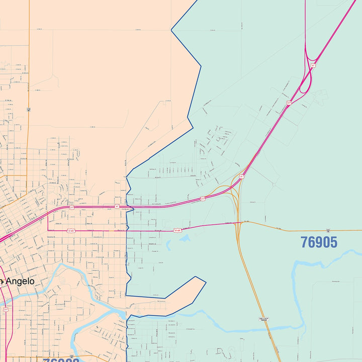 Color Cast Zip Code Style Wall Map of San Angelo, TX
