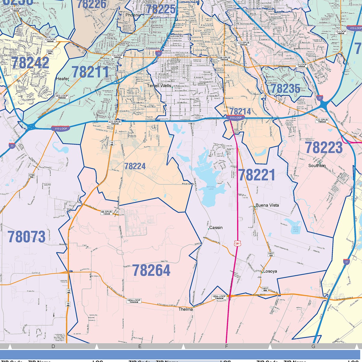Colorcast Style Zip Code Map of San Antonio – American Map Store
