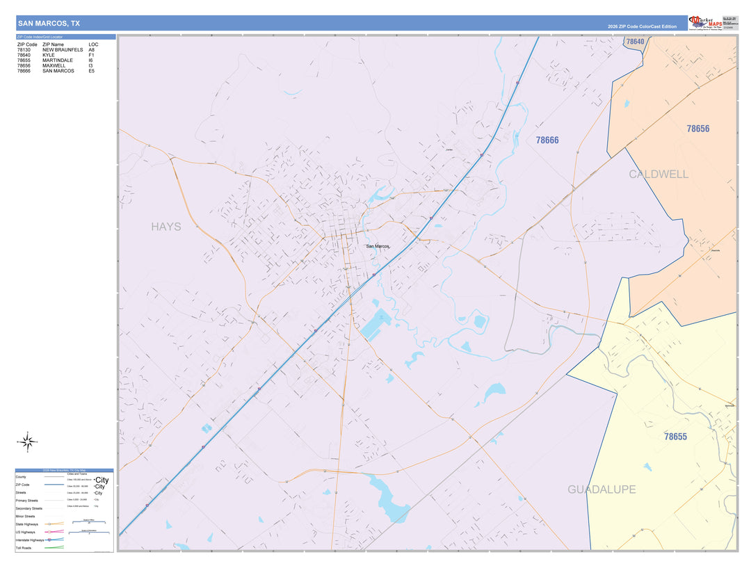 Color Cast Zip Code Style Wall Map of San Marcos, TX