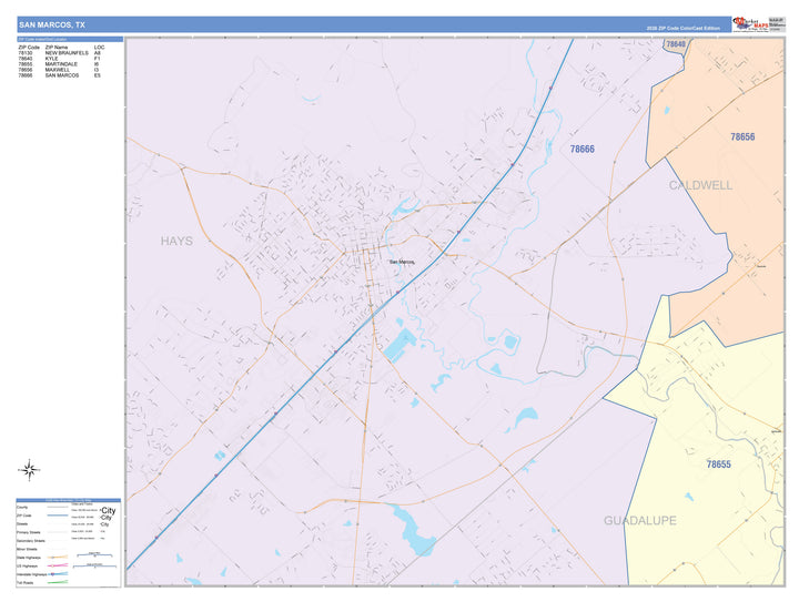 Color Cast Zip Code Style Wall Map of San Marcos, TX