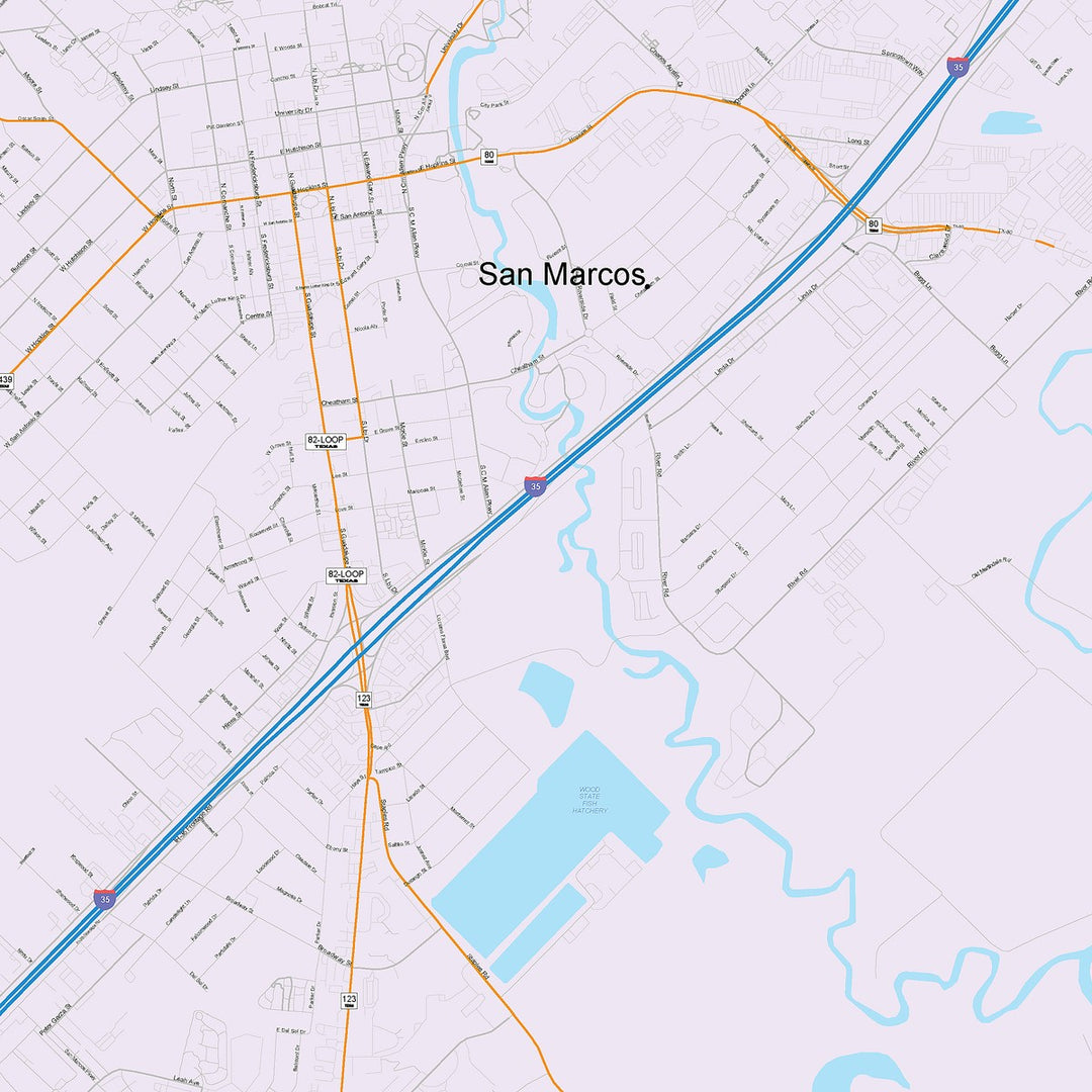 Color Cast Zip Code Style Wall Map of San Marcos, TX
