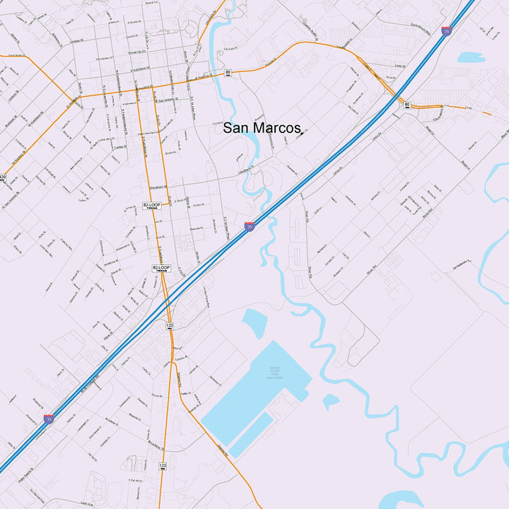 Color Cast Zip Code Style Wall Map of San Marcos, TX