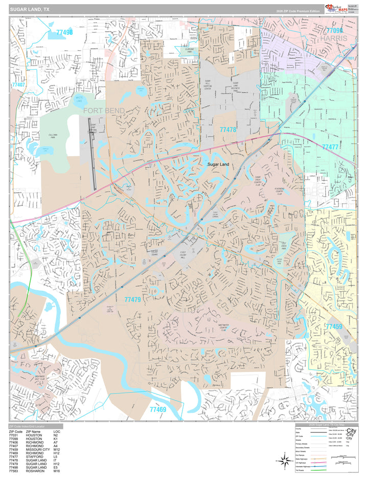 Premium Style Wall Map of Sugarland, TX