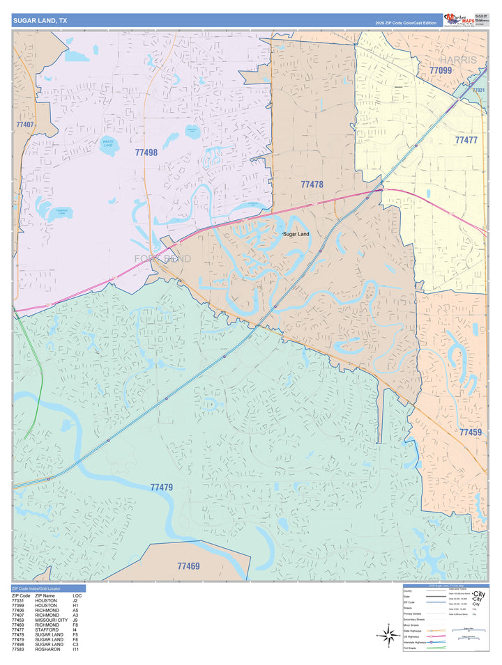 Color Cast Zip Code Style Wall Map of Sugarland, TX