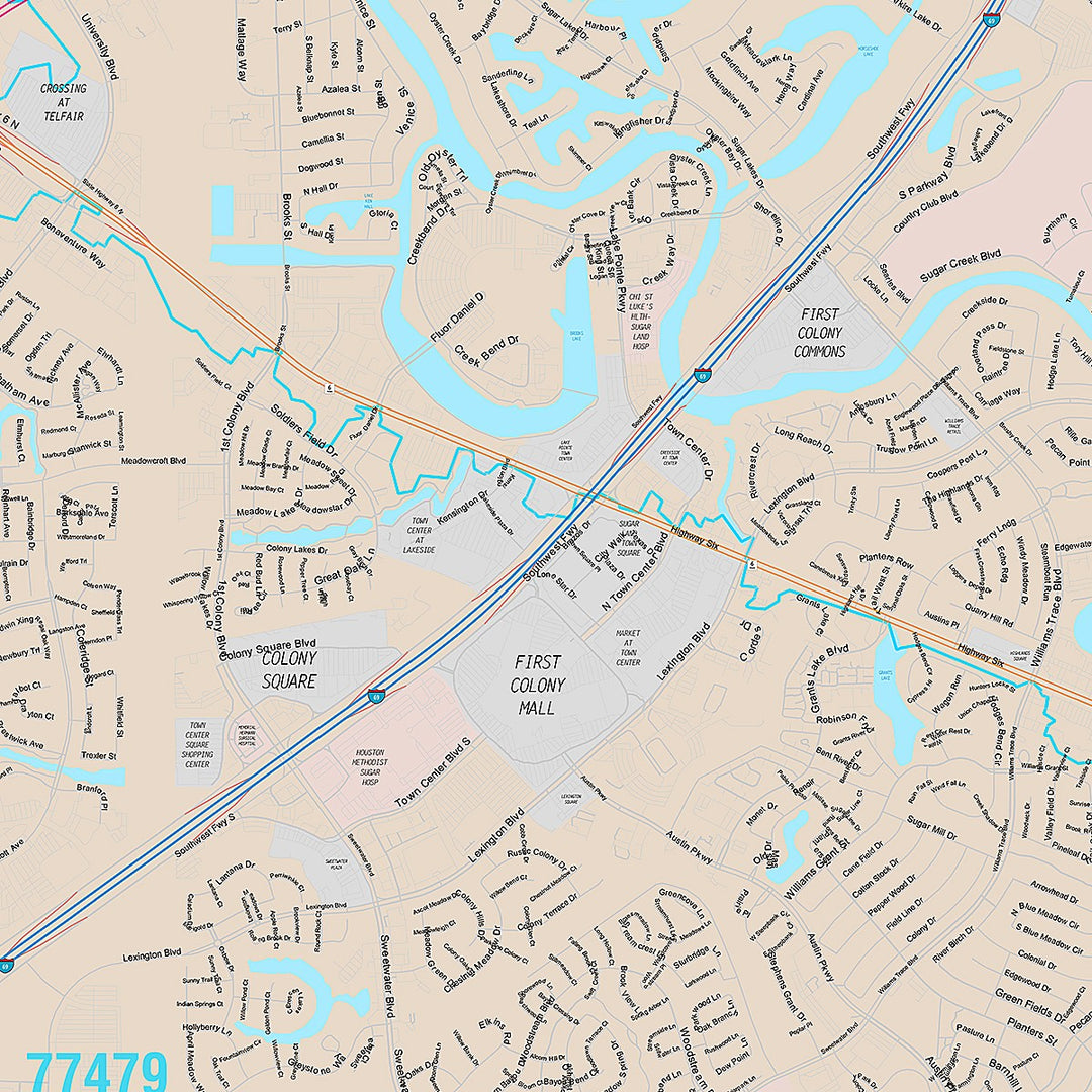 Premium Style Wall Map of Sugarland, TX