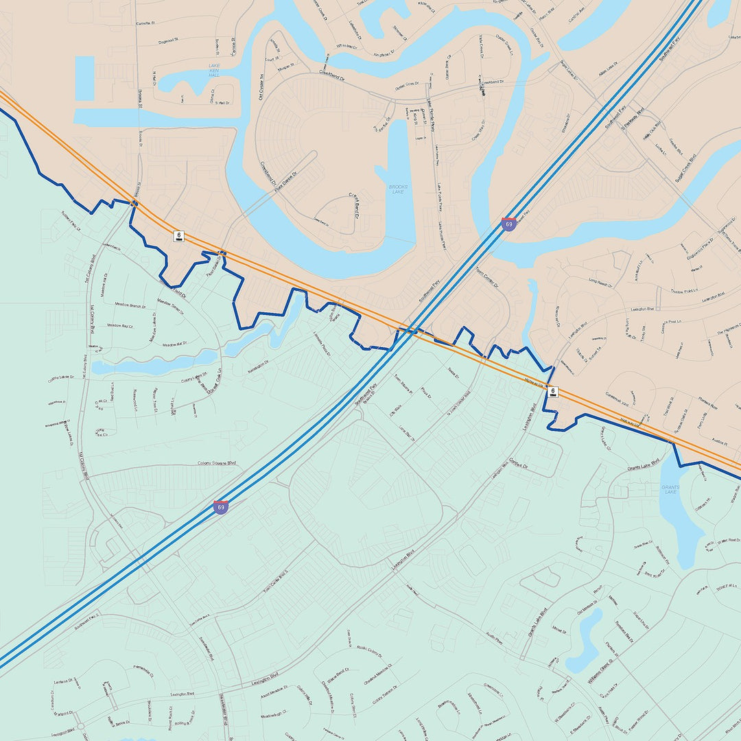Color Cast Zip Code Style Wall Map of Sugarland, TX