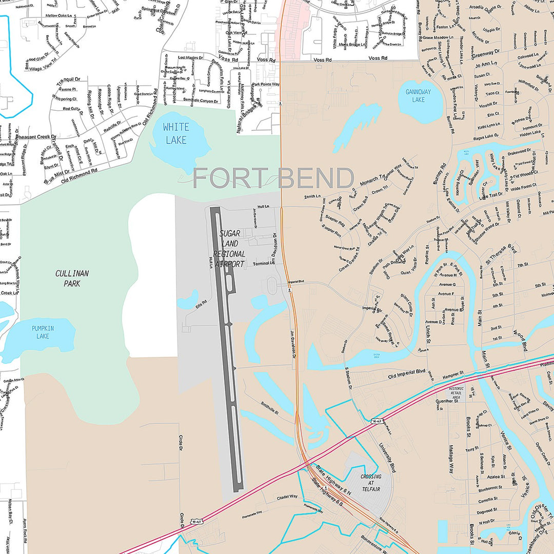 Premium Style Wall Map of Sugarland, TX