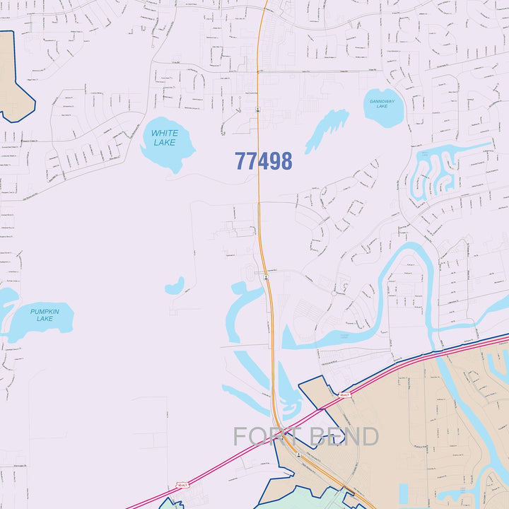 Color Cast Zip Code Style Wall Map of Sugarland, TX