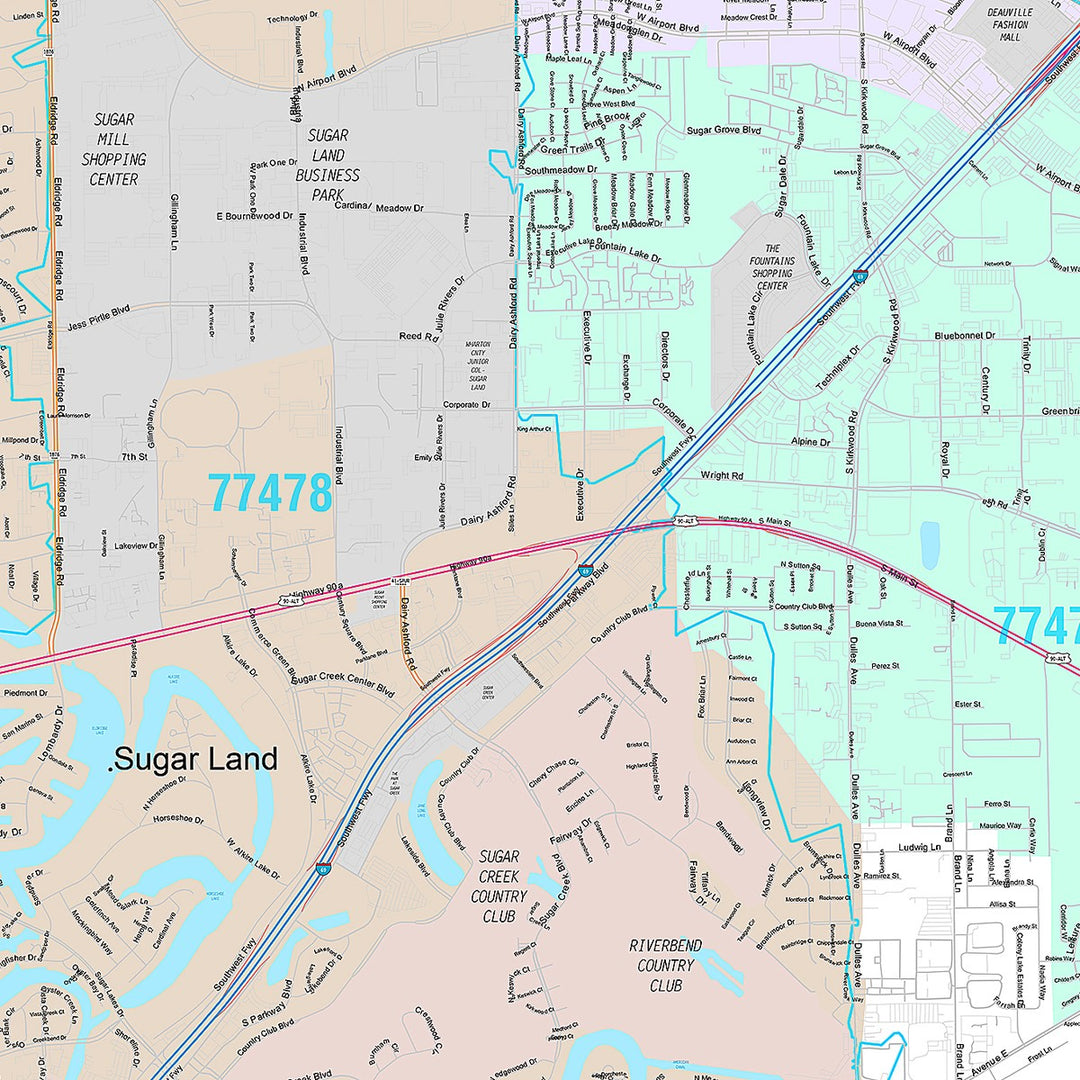 Premium Style Wall Map of Sugarland, TX