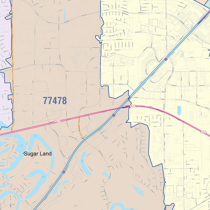 Color Cast Zip Code Style Wall Map of Sugarland, TX