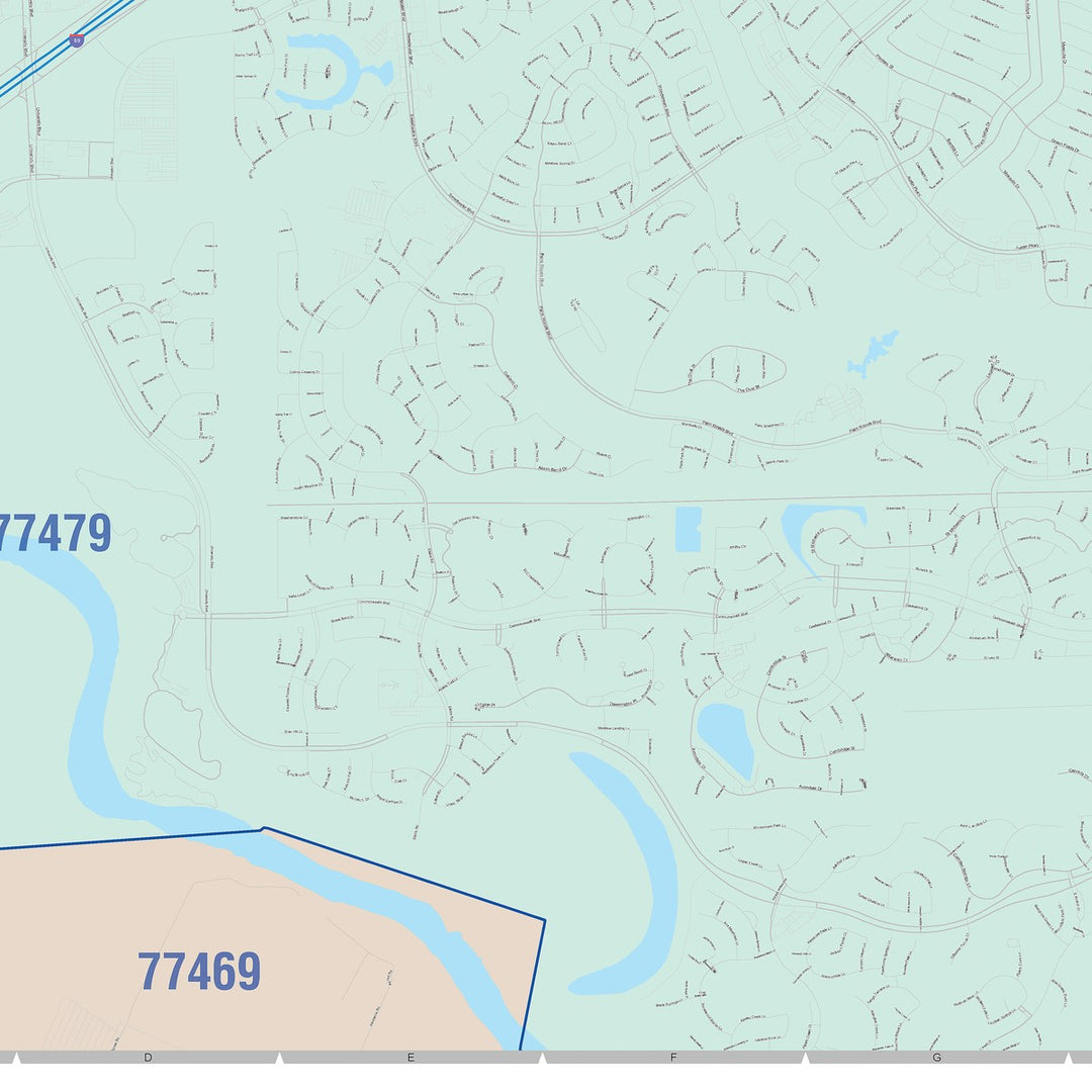 Color Cast Zip Code Style Wall Map of Sugarland, TX