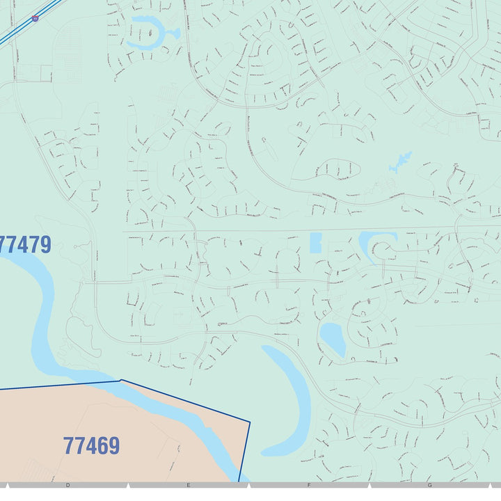 Color Cast Zip Code Style Wall Map of Sugarland, TX