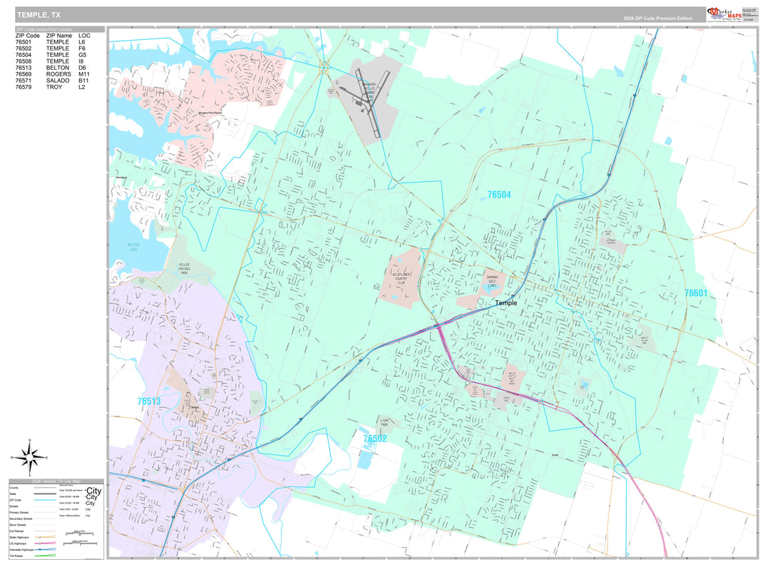 Premium Style Wall Map of Temple, TX