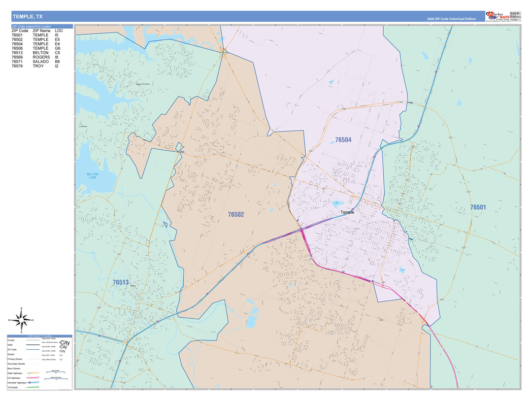 Color Cast Zip Code Style Wall Map of Temple, TX