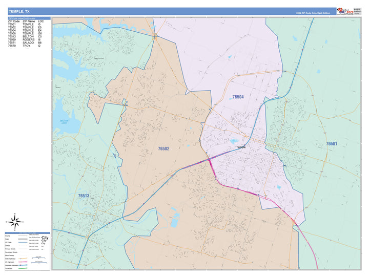 Color Cast Zip Code Style Wall Map of Temple, TX