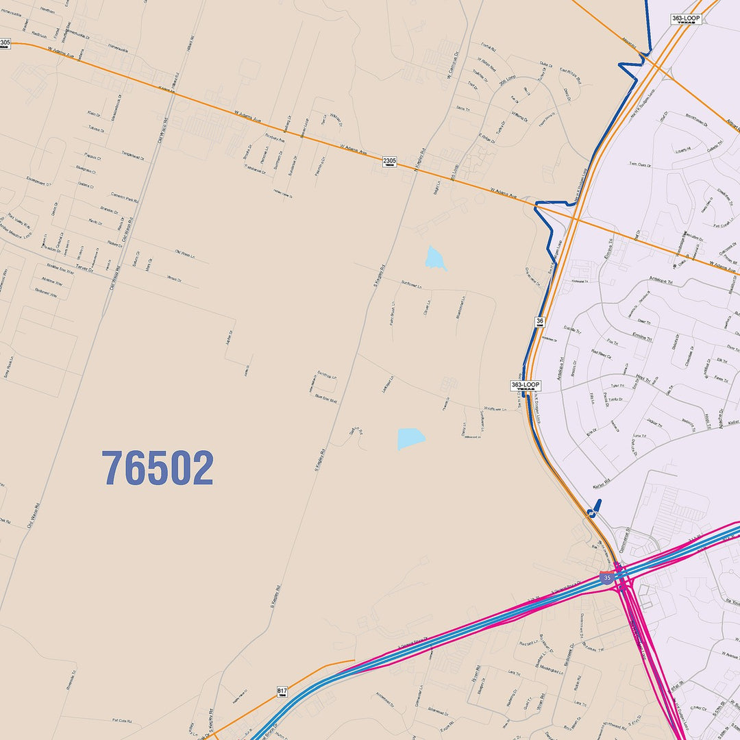 Color Cast Zip Code Style Wall Map of Temple, TX