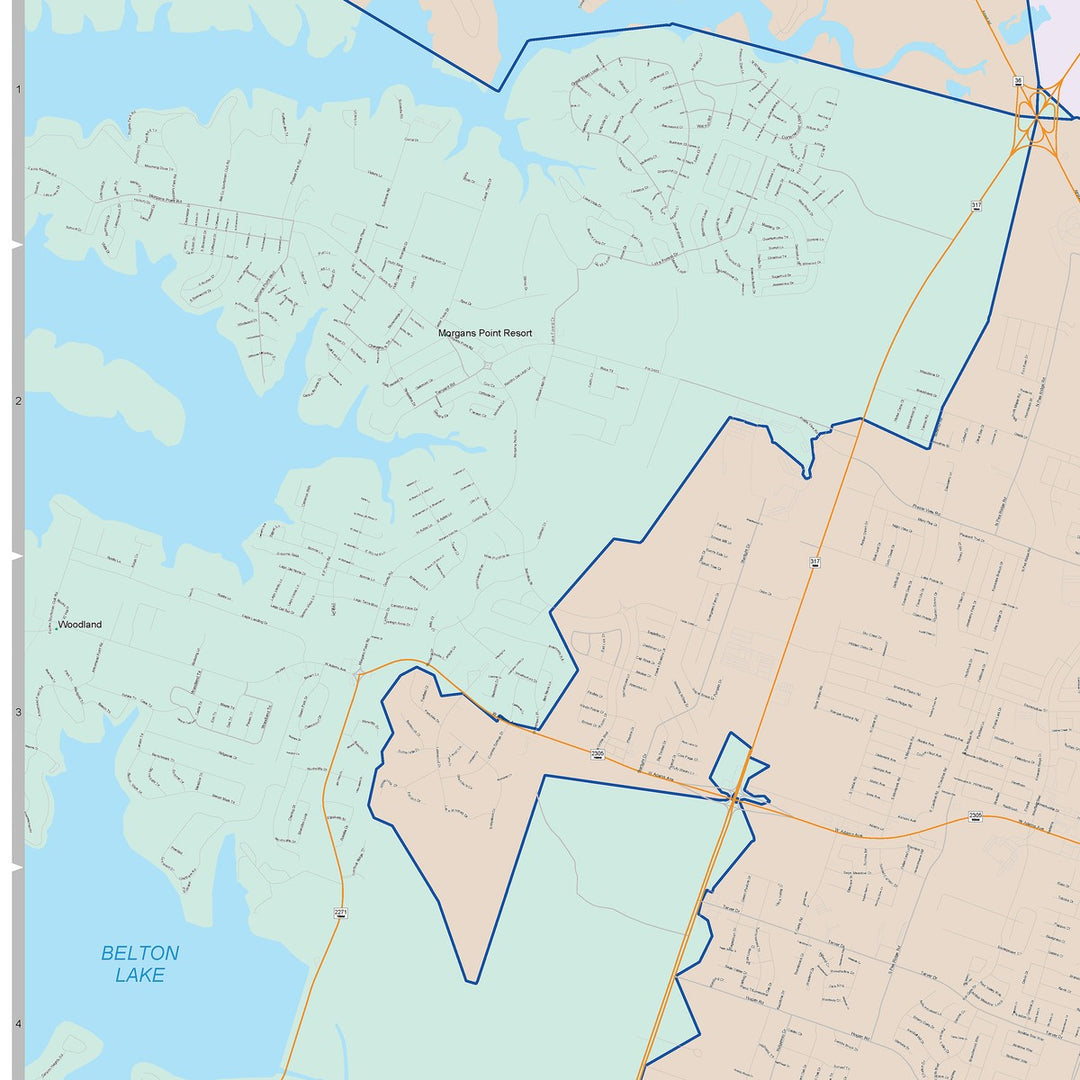 Color Cast Zip Code Style Wall Map of Temple, TX