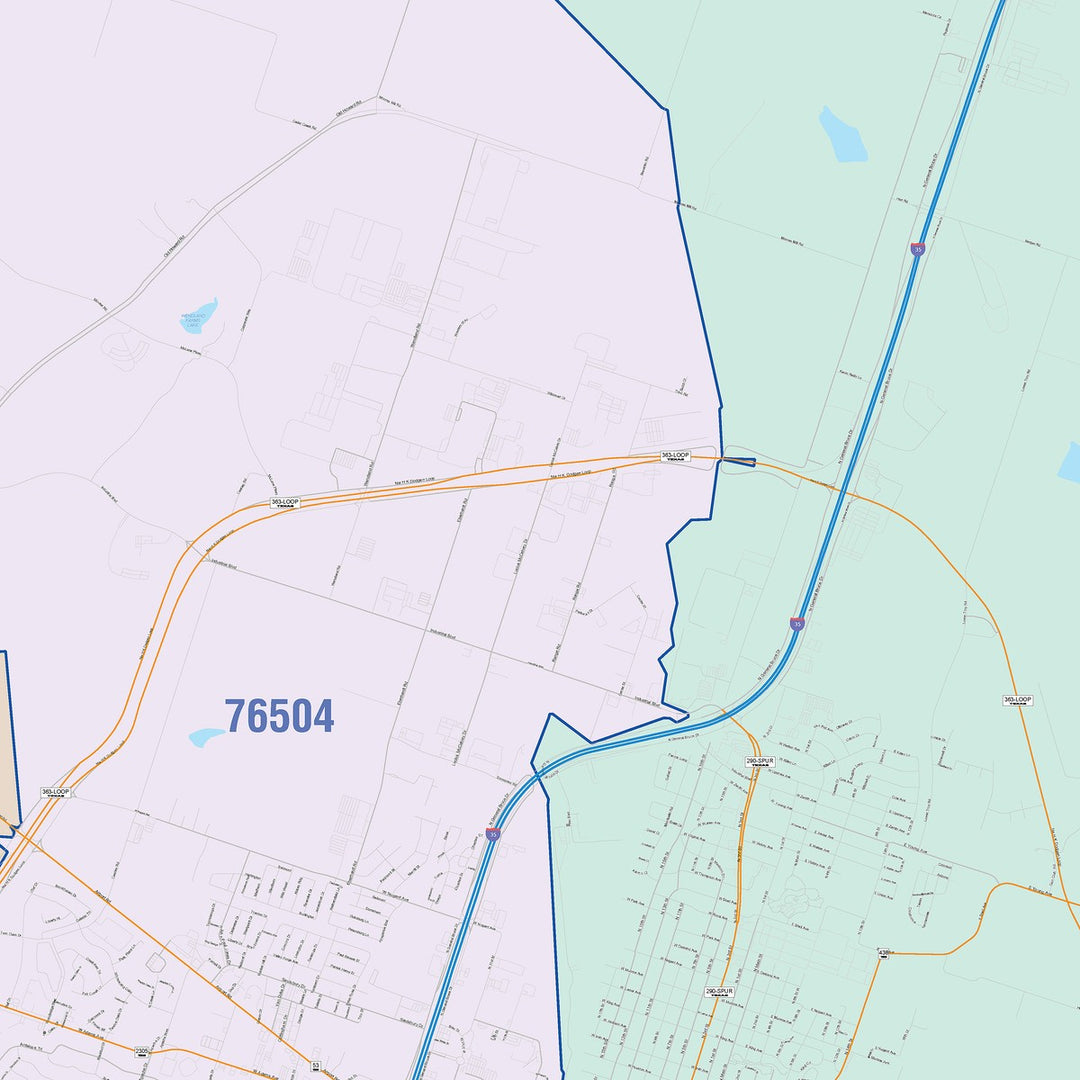 Color Cast Zip Code Style Wall Map of Temple, TX