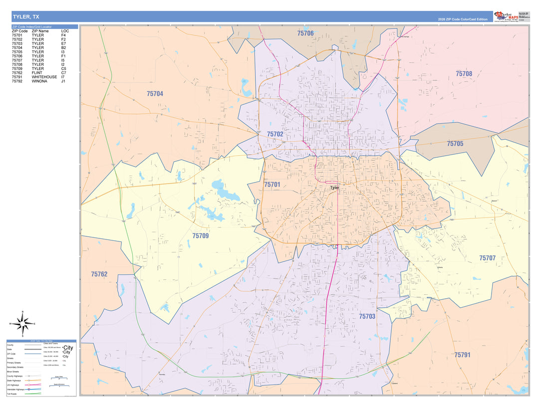 Color Cast Zip Code Style Wall Map of Tyler, TX