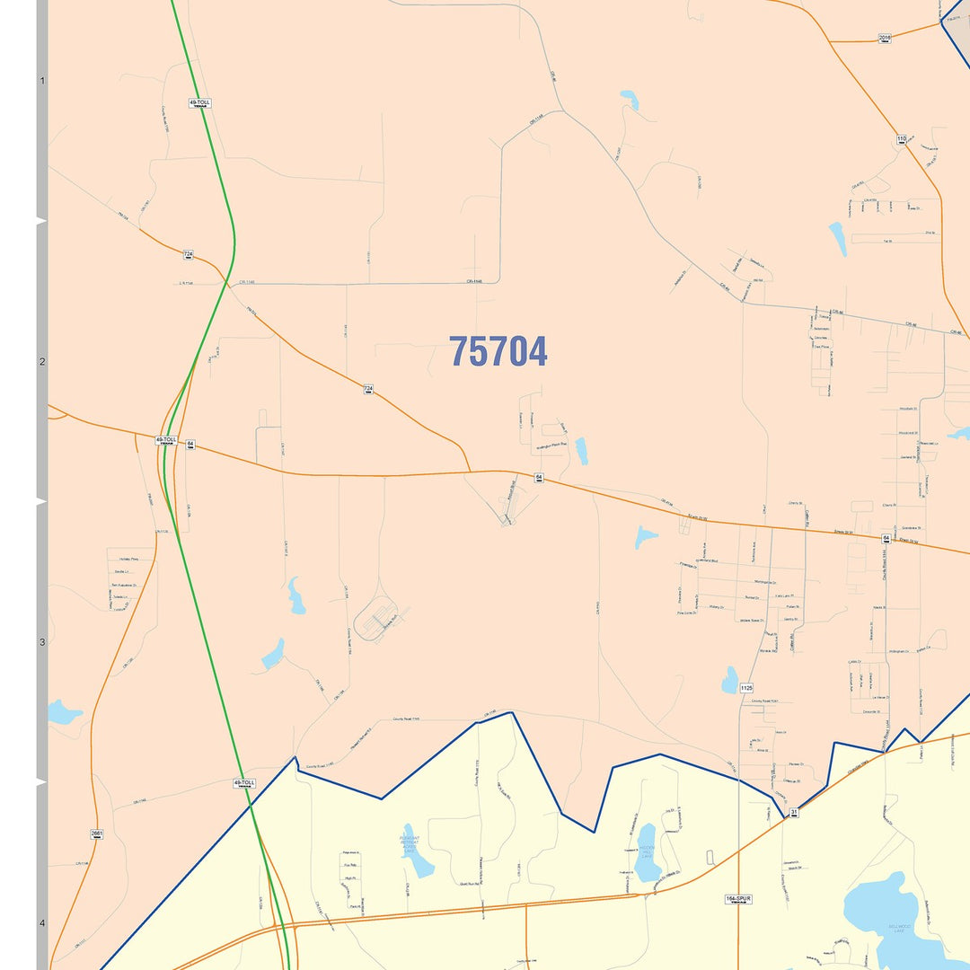 Color Cast Zip Code Style Wall Map of Tyler, TX