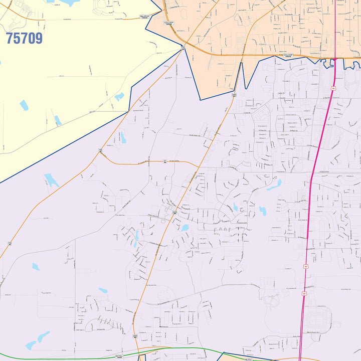 Color Cast Zip Code Style Wall Map of Tyler, TX