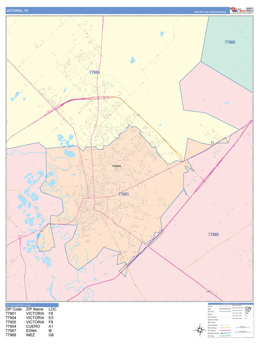 Color Cast Zip Code Style Wall Map of Victoria, TX