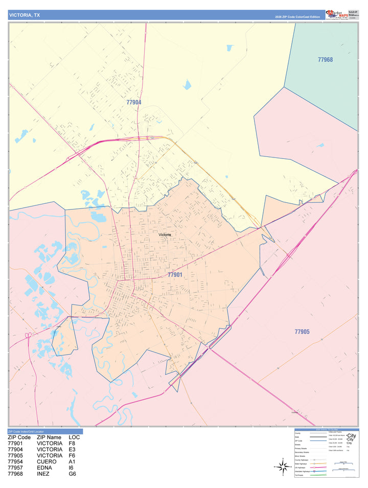 Color Cast Zip Code Style Wall Map of Victoria, TX