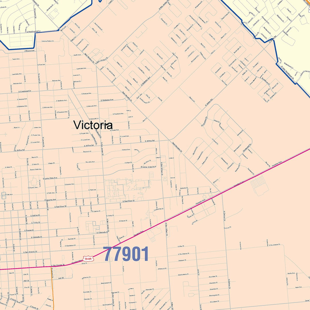 Color Cast Zip Code Style Wall Map of Victoria, TX