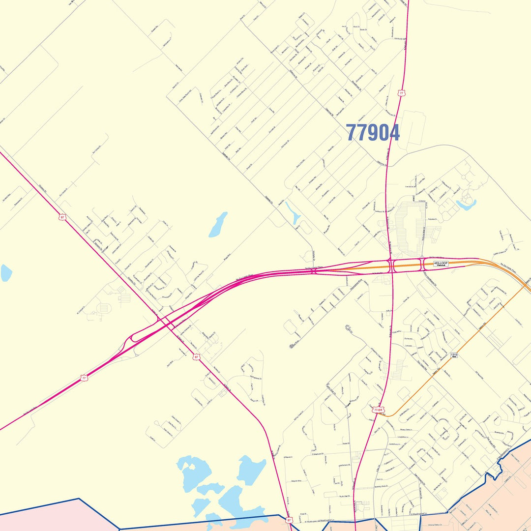 Color Cast Zip Code Style Wall Map of Victoria, TX