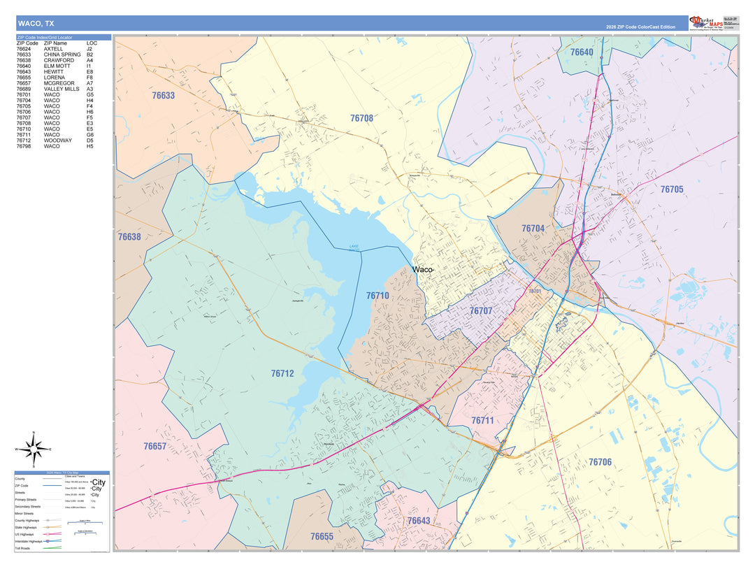 Color Cast Zip Code Style Wall Map of Waco, TX