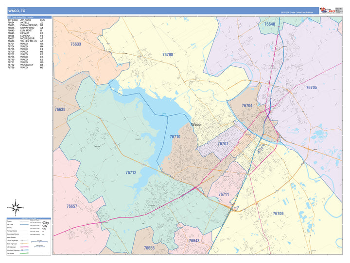 Color Cast Zip Code Style Wall Map of Waco, TX