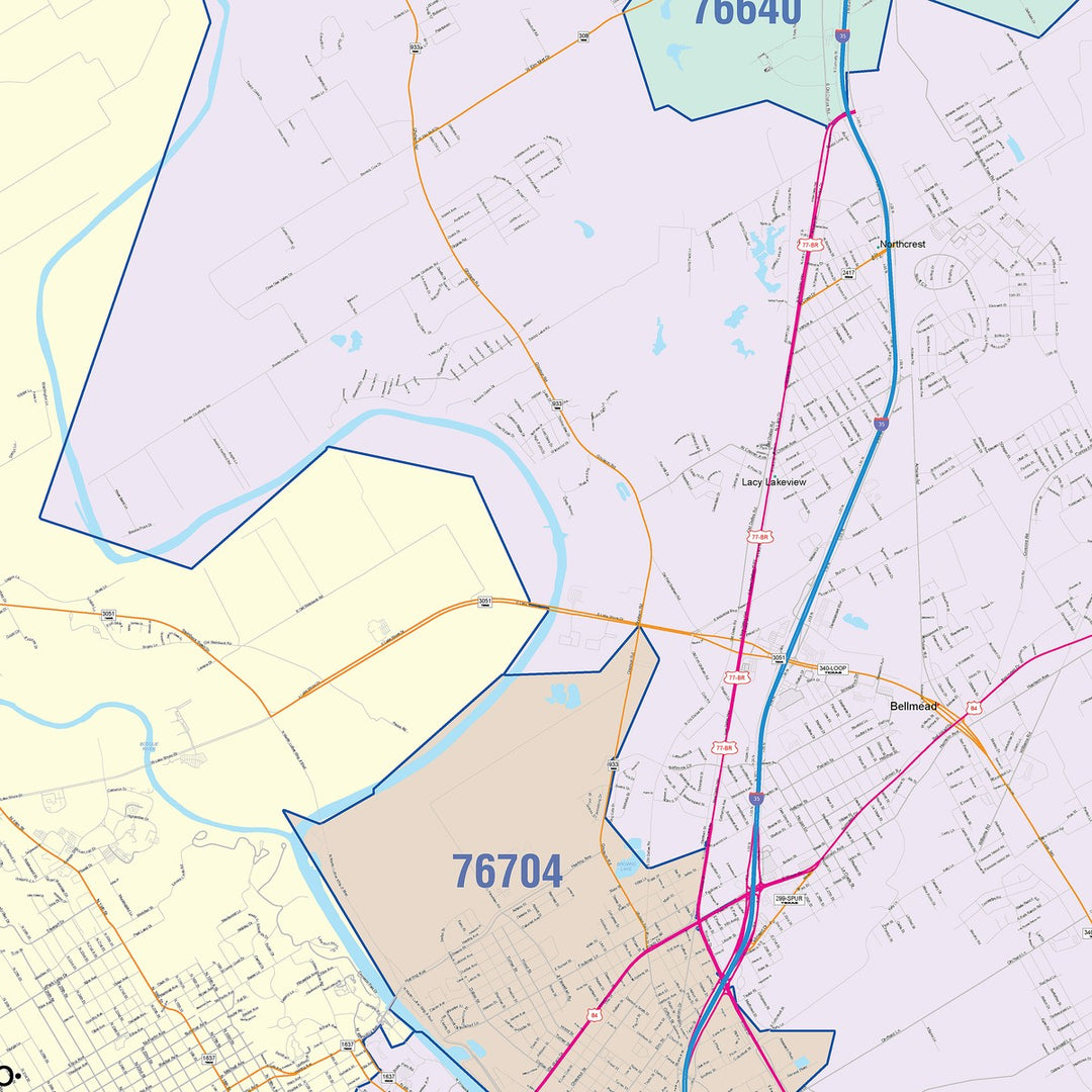 Color Cast Zip Code Style Wall Map of Waco, TX