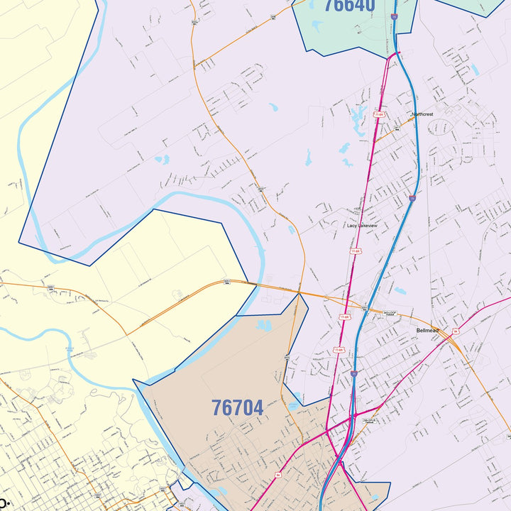 Color Cast Zip Code Style Wall Map of Waco, TX