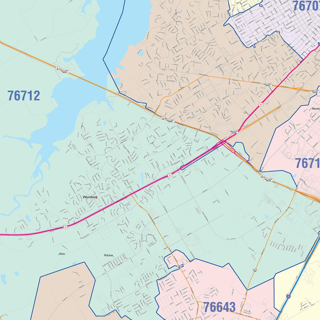 Color Cast Zip Code Style Wall Map of Waco, TX