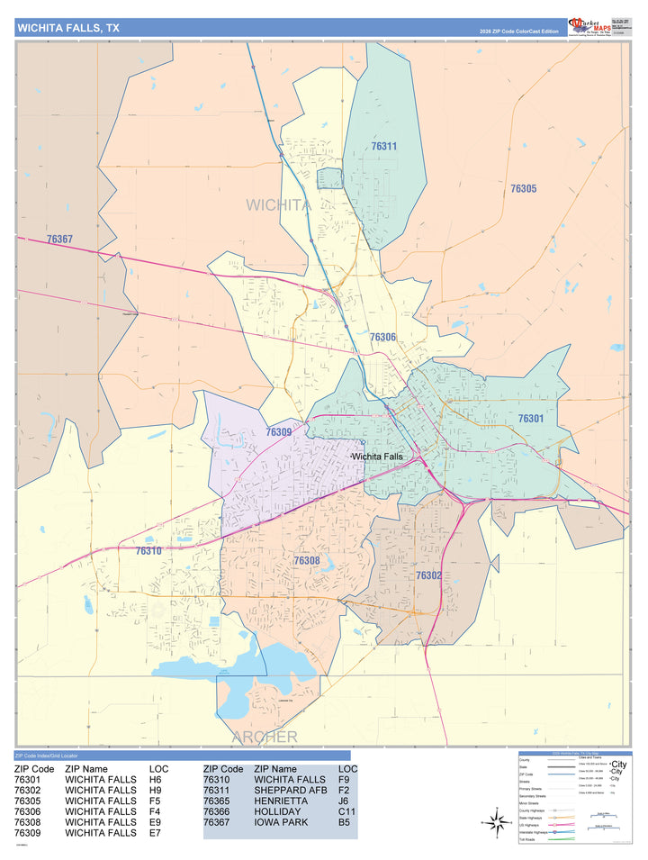 Color Cast Zip Code Style Wall Map of Wichita Falls, TX