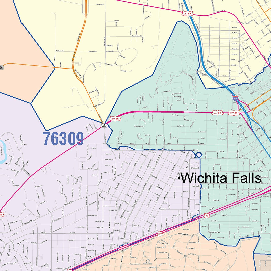 Color Cast Zip Code Style Wall Map of Wichita Falls, TX
