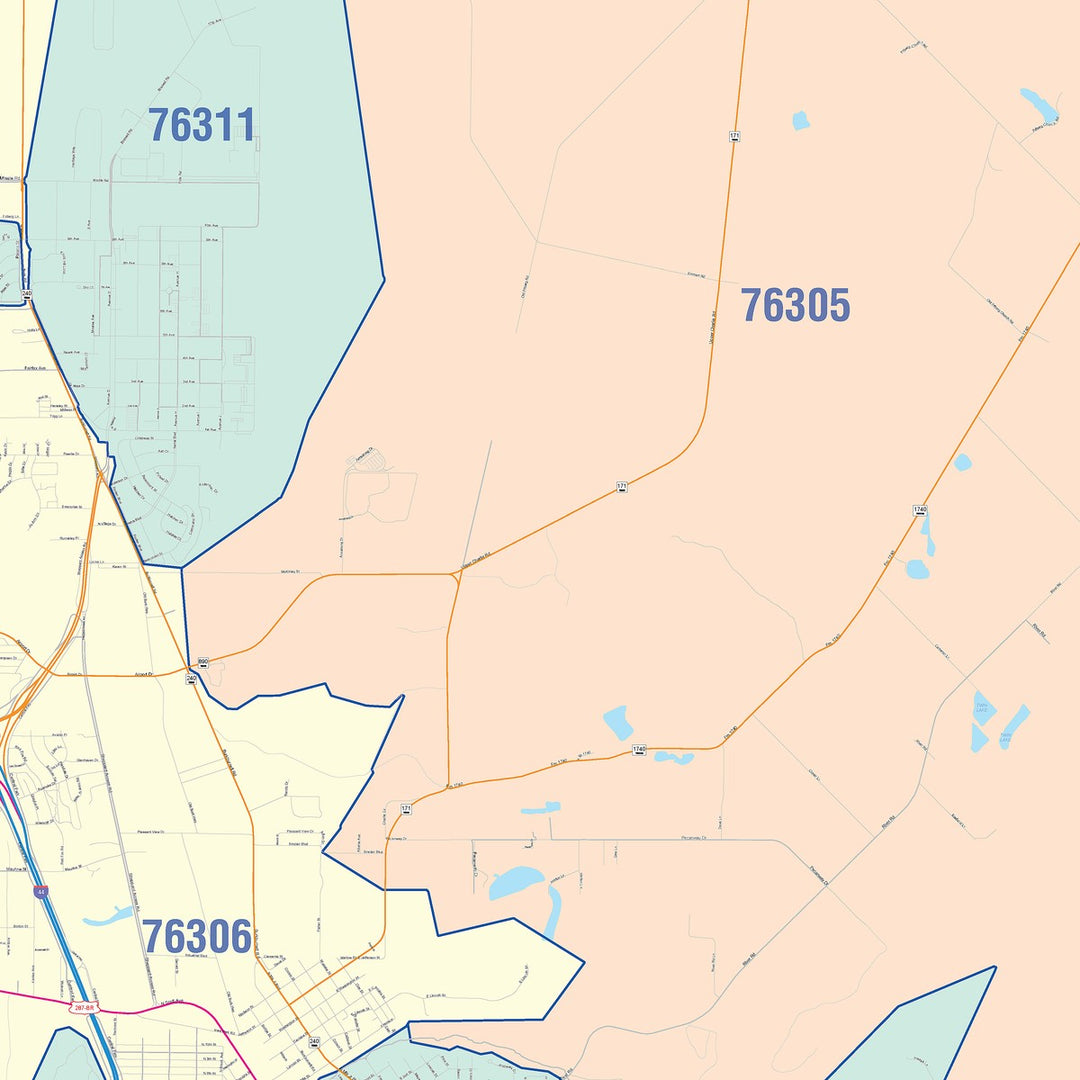 Color Cast Zip Code Style Wall Map of Wichita Falls, TX