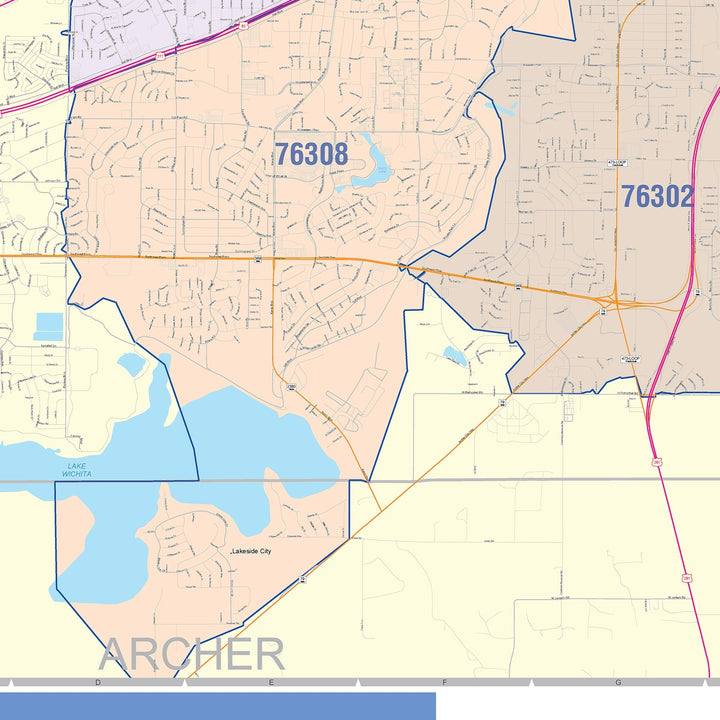 Color Cast Zip Code Style Wall Map of Wichita Falls, TX