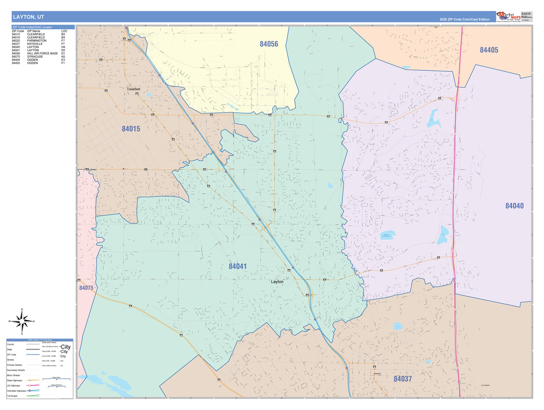 Color Cast Zip Code Style Wall Map of Layton, UT