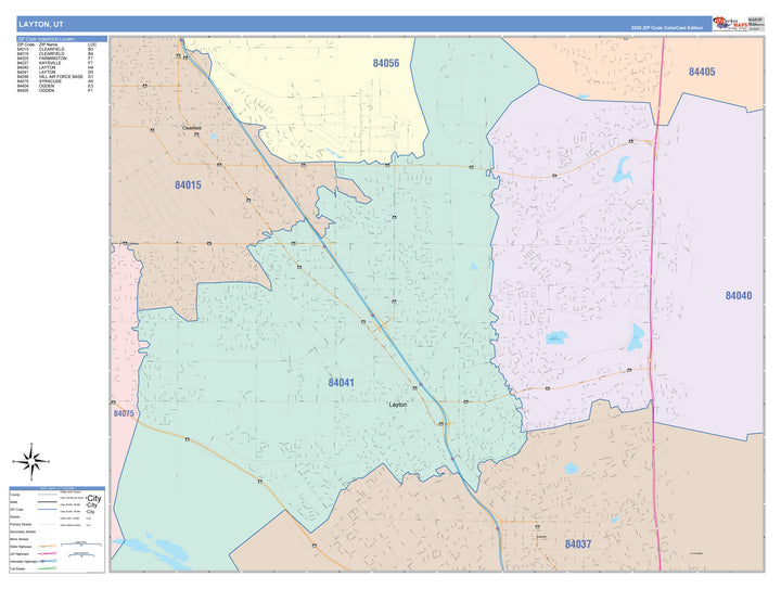 Color Cast Zip Code Style Wall Map of Layton, UT