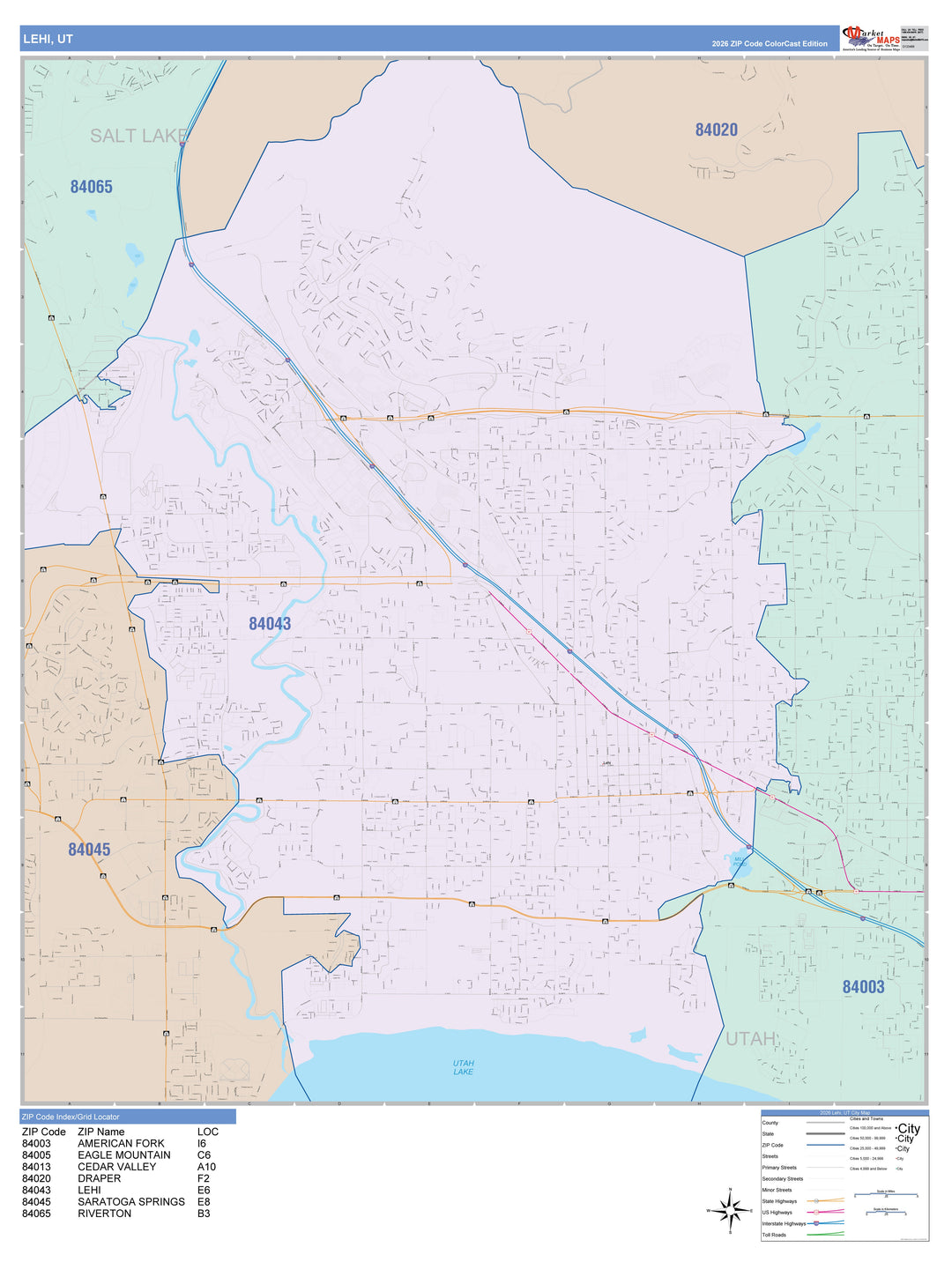 Color Cast Zip Code Style Wall Map of Lehi, UT