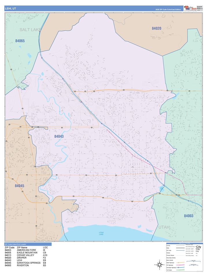 Color Cast Zip Code Style Wall Map of Lehi, UT