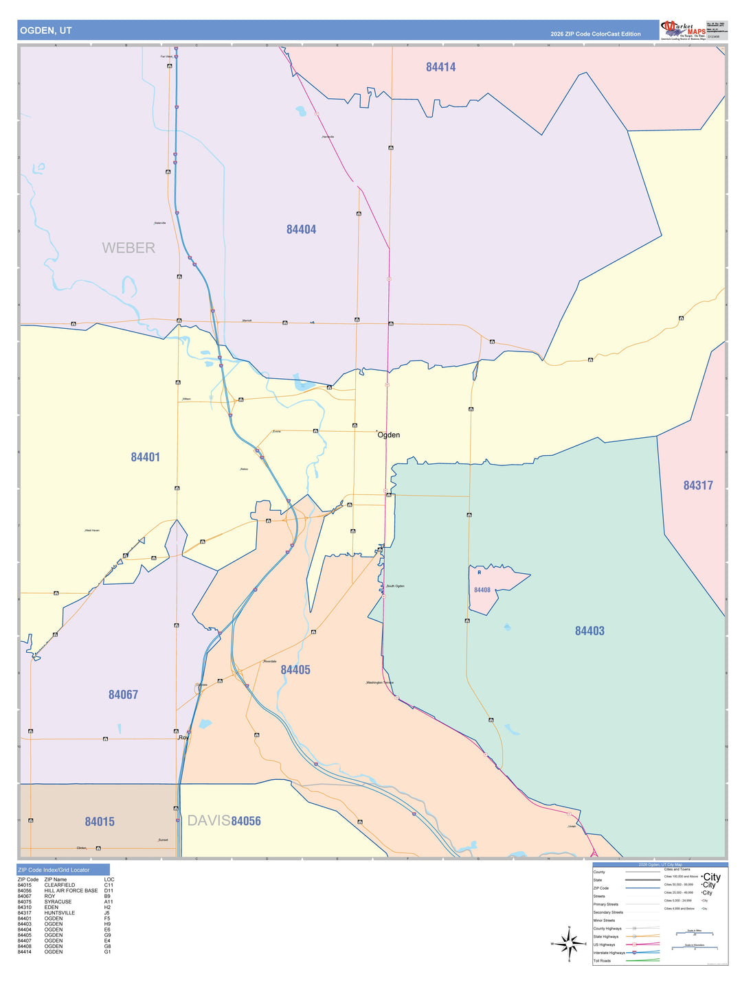 Color Cast Zip Code Style Wall Map of Ogden, UT