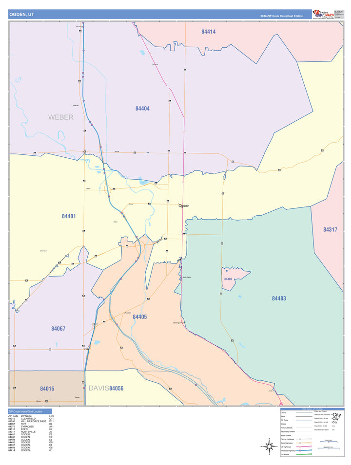 Color Cast Zip Code Style Wall Map of Ogden, UT