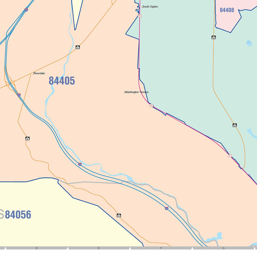 Color Cast Zip Code Style Wall Map of Ogden, UT