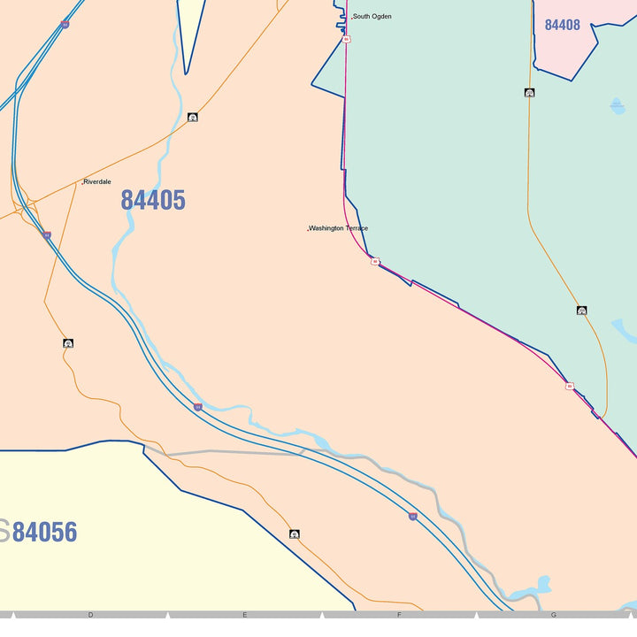 Color Cast Zip Code Style Wall Map of Ogden, UT
